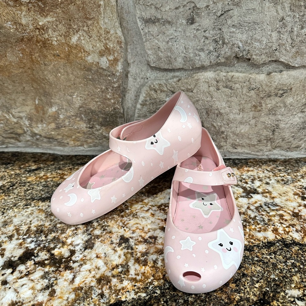 Mini Melissa girls pink star’s and moon polka dot shoes size 12. GLOW IN DARK